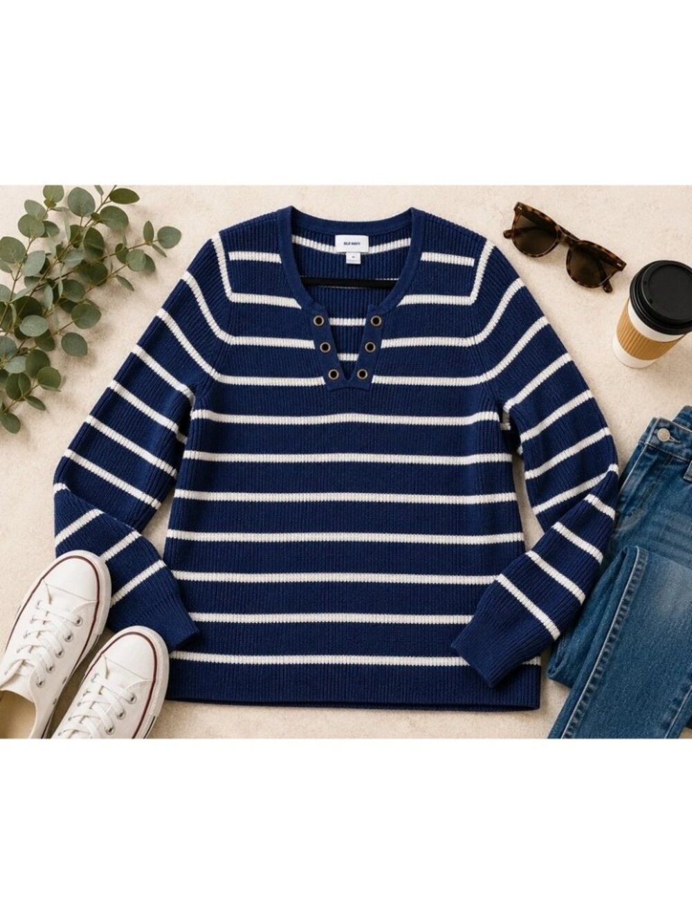 Old Navy Women’s XL Navy & White Striped Grommet Neck Sweater